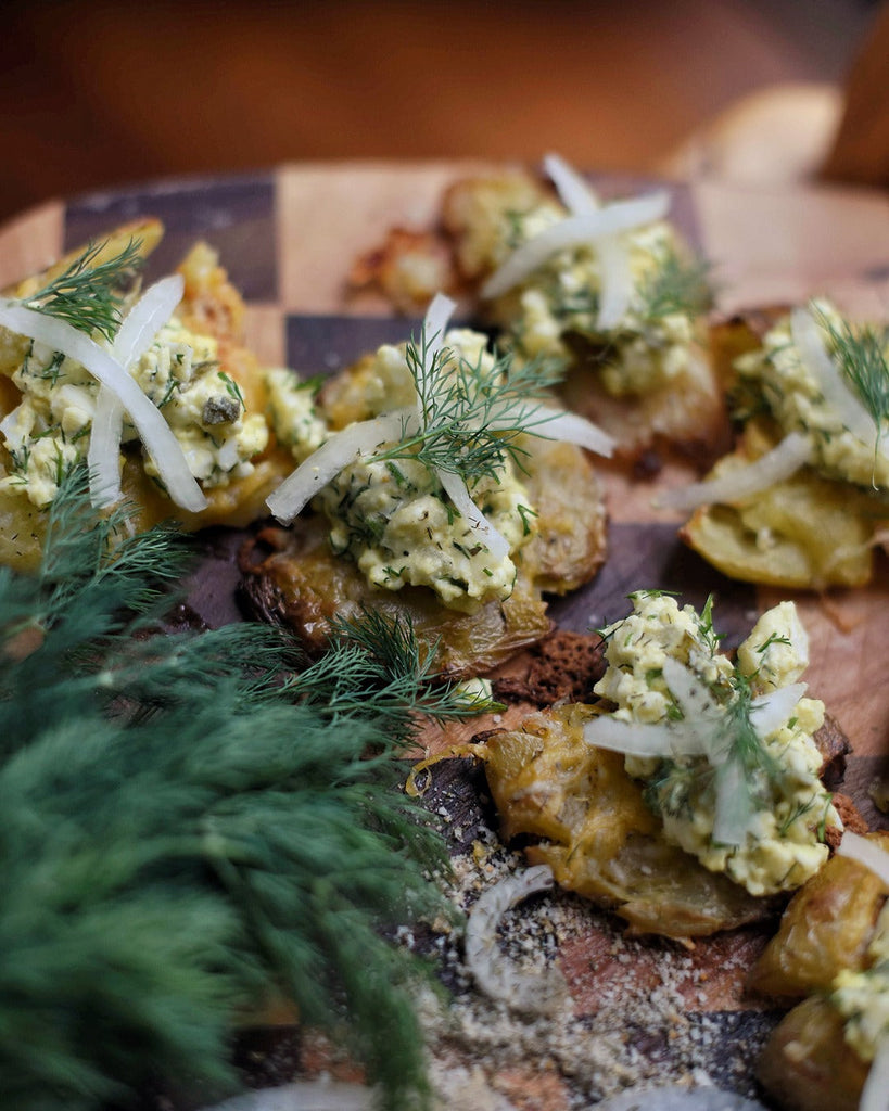 Josu X Vlasta: Smashed Potato Bites With Dill Pickle Egg Salad Recipe